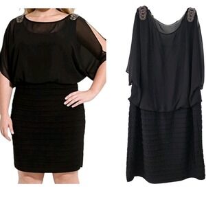 R&M Richards 18W Black Party Cocktail Mini Dress Tiered Skirt Lined‎ Chiffon Top